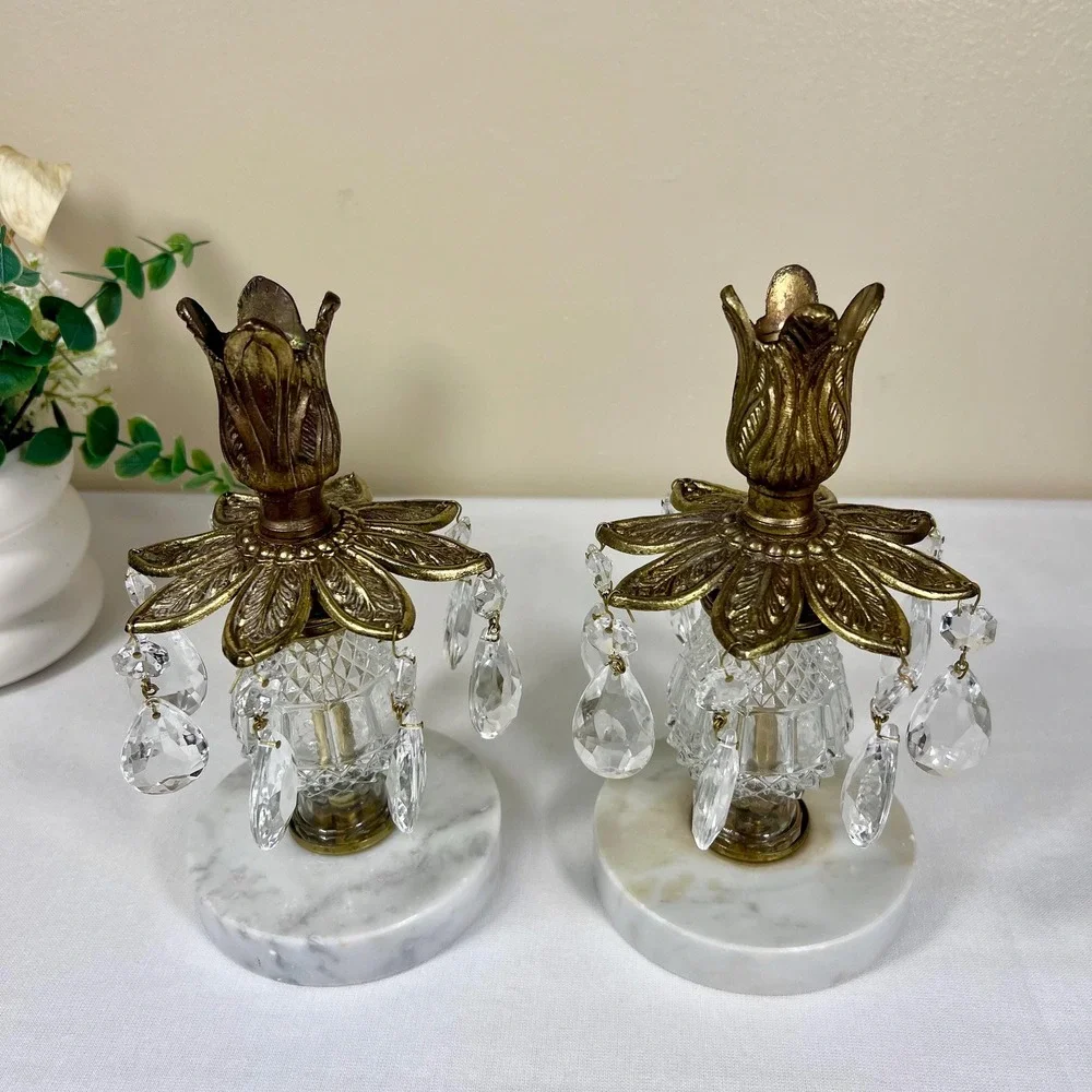 Vintage Glass Marble & Brass Candlestick Holders w/ Teardrop Pendants | Set of 2